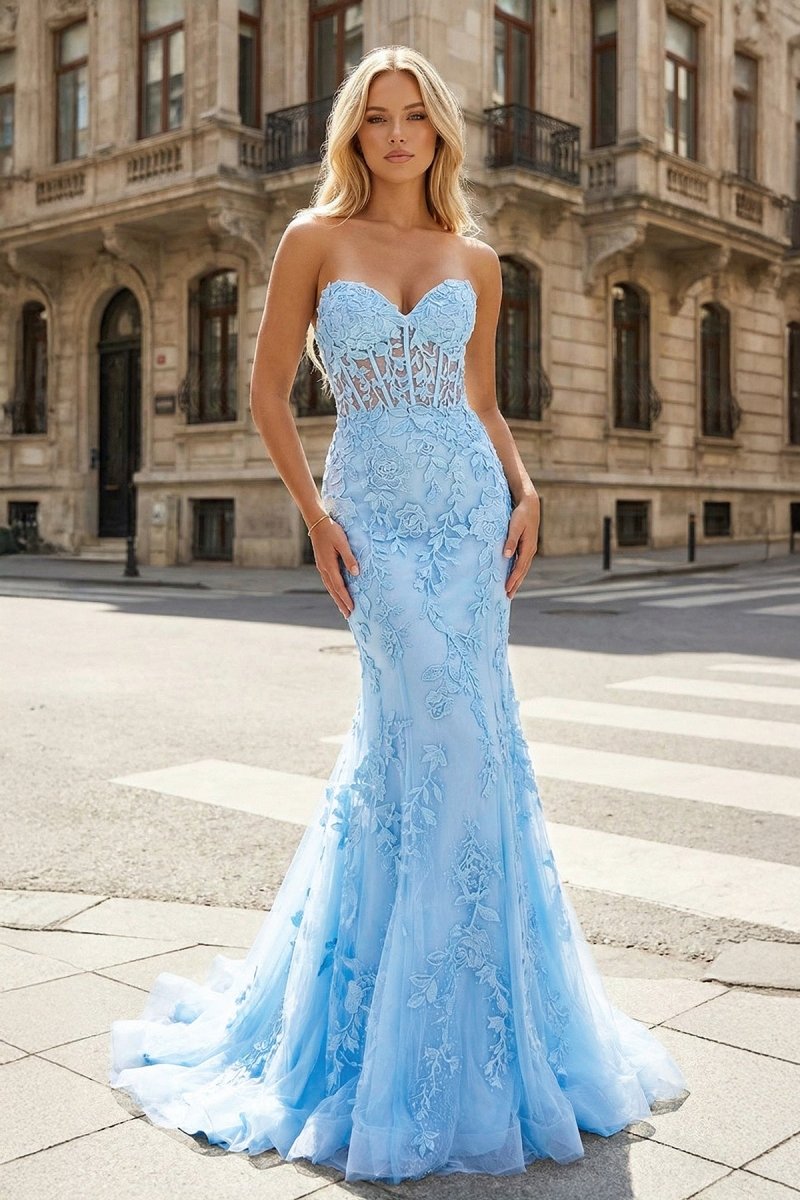 Mermaid Strapless Lace Prom Dress With Appliques - KissProm