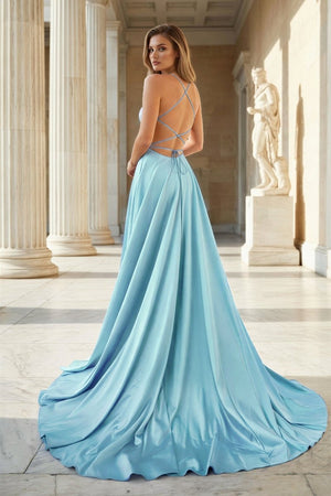 Pink Spaghetti Straps Satin Backless A Line Prom Dress With Pockets - KissProm