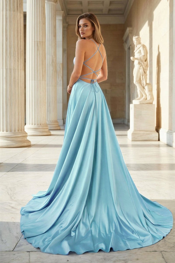 Pink Spaghetti Straps Satin Backless A Line Prom Dress With Pockets - KissProm