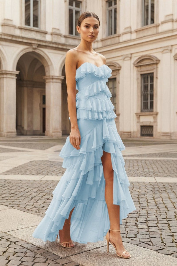 Pink Strapless Sheath Chiffon Ruffled Long Prom Dresses – Prom Dress by KissProm | Available at KissProm