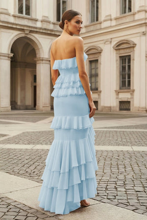 Pink Strapless Sheath Chiffon Ruffled Long Prom Dresses – Prom Dress by KissProm | Available at KissProm