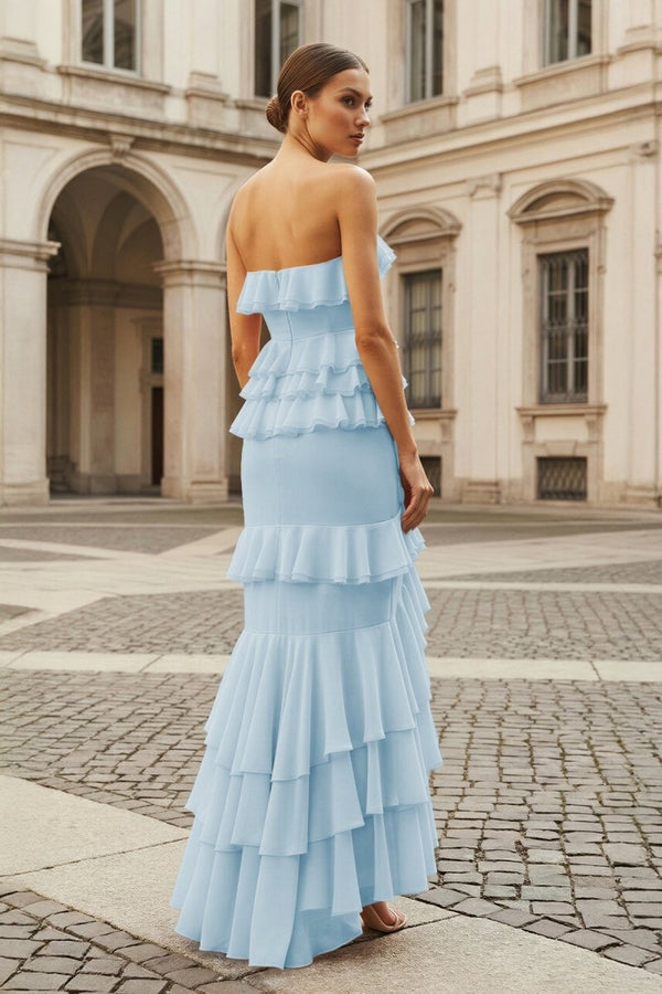 Pink Strapless Sheath Chiffon Ruffled Long Prom Dresses – Prom Dress by KissProm | Available at KissProm