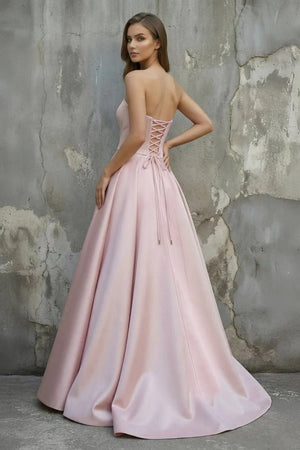 Pink Satin A - Line Floor - Length Evening Gown with Slit Strapless Prom Dress - KissProm