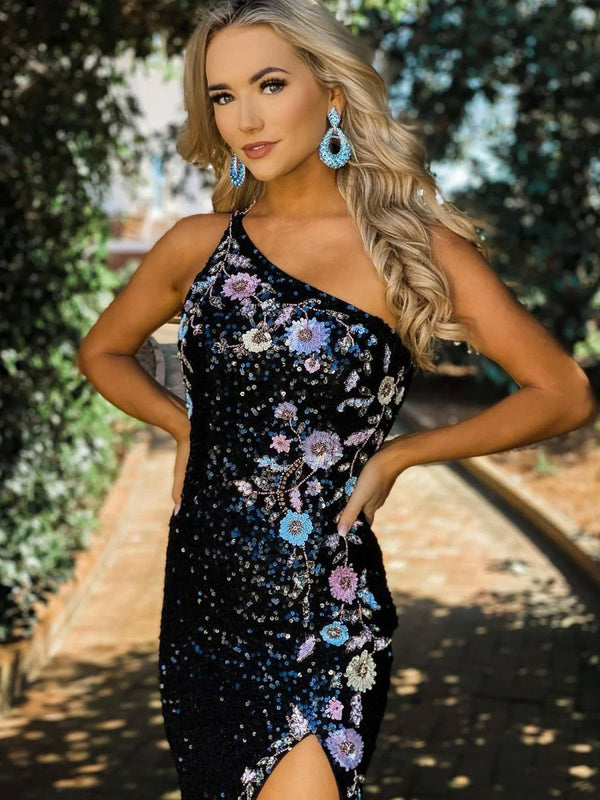 Mermaid One Shoulder Black Sequins Long Prom Dresses with Sequins Flowers – Prom Dresses by KissProm | Available at KissProm