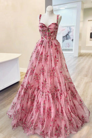 Sosi | Pink Sweetheart A Line Floral Printed Chiffon Long Prom Dress With Bow - KissProm
