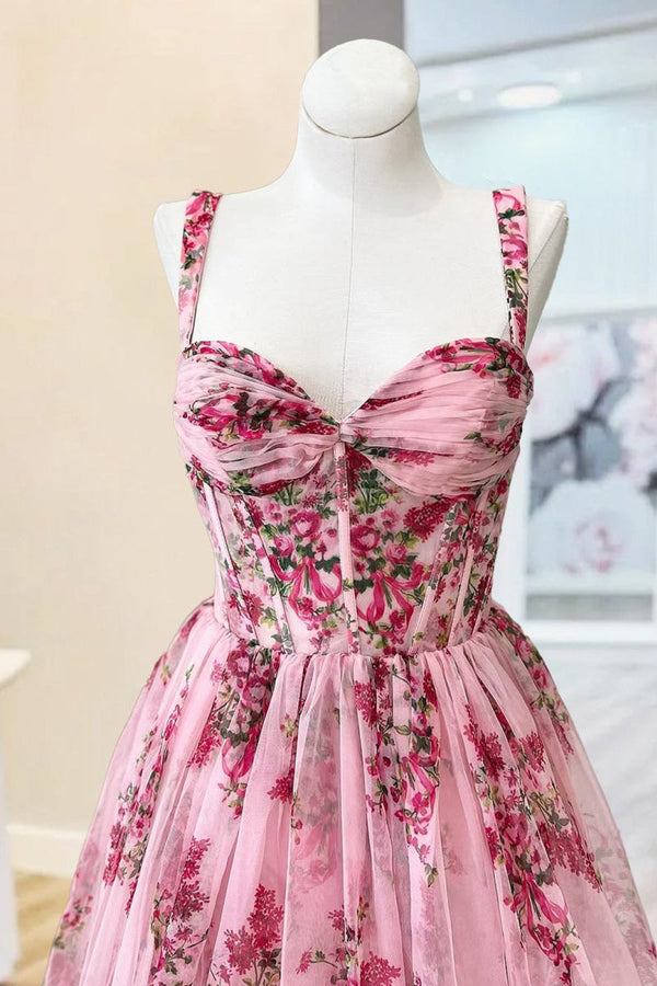 Sosi | Pink Sweetheart A Line Floral Printed Chiffon Long Prom Dress With Bow - KissProm