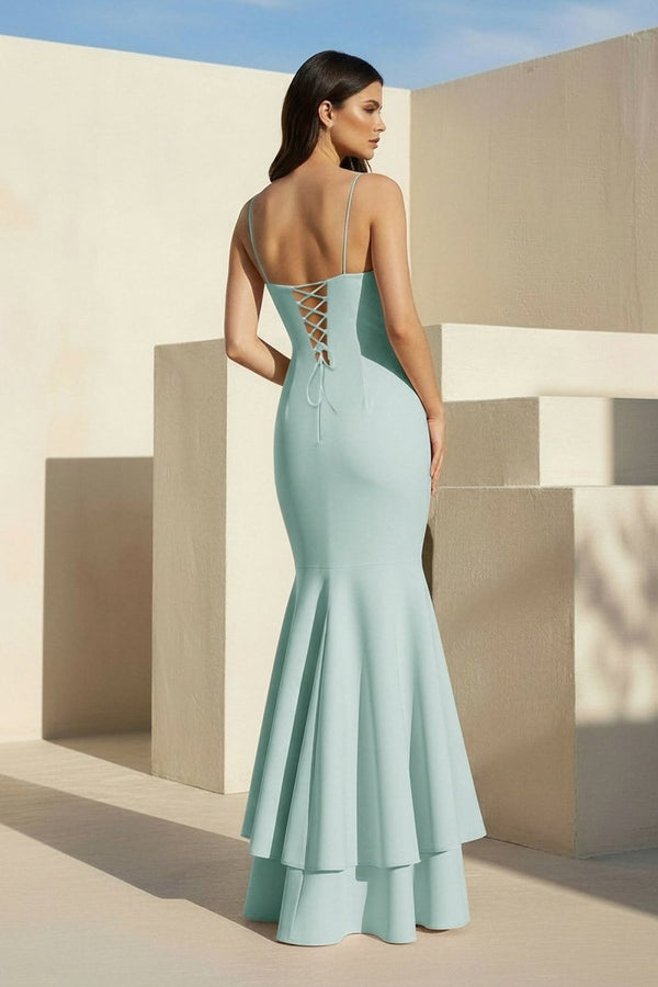 Spade | Aqua Spaghetti Straps Mermaid Satin Long Prom Dress - KissProm