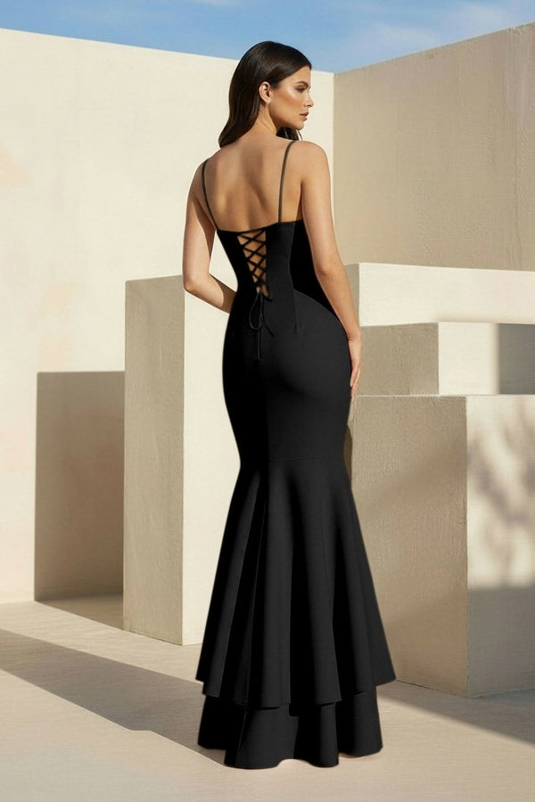 Spade | Black Spaghetti Straps Mermaid Satin Long Prom Dress - KissProm