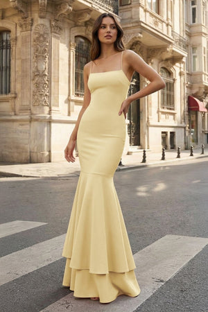 Pink Spaghetti Straps Mermaid Satin Long Prom Dress - KissProm