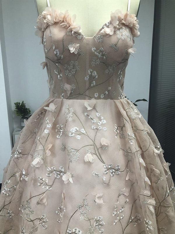 Spaghetti Strap 3D Flower Applique Sky Blue Prom Dresses Ball Gowns - KissProm