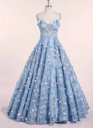 Spaghetti Strap 3D Flower Applique Sky Blue Prom Dresses Ball Gowns - KissProm