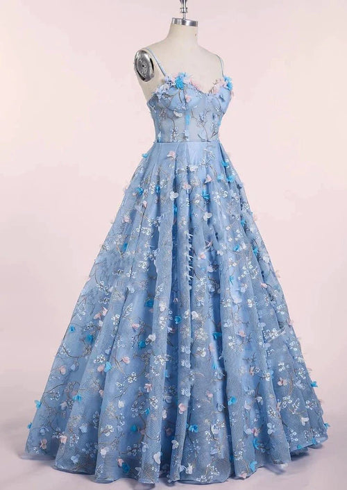 Spaghetti Strap 3D Flower Applique Sky Blue Prom Dresses Ball Gowns - KissProm
