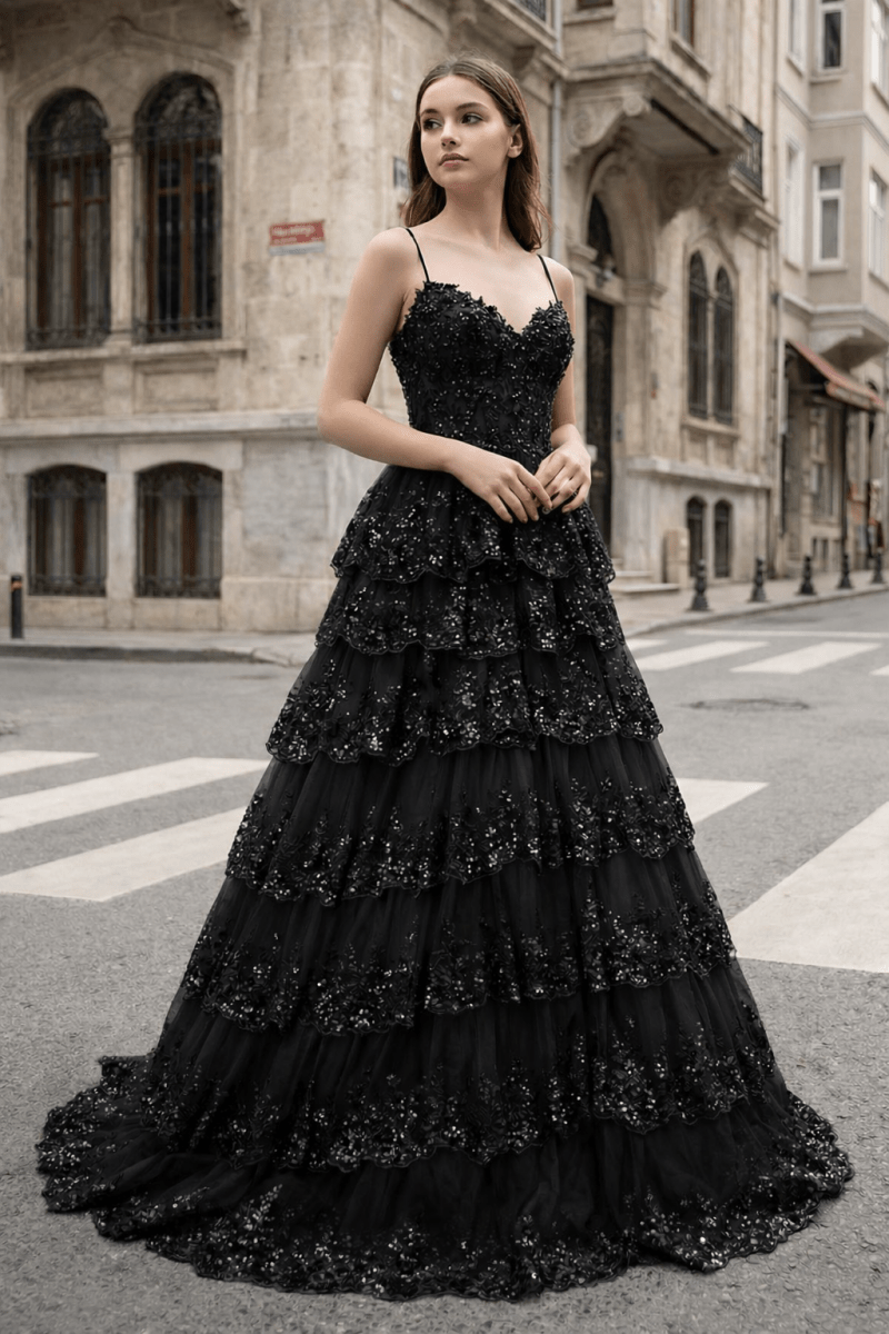 A Line Spaghetti Straps Tiered Lace Prom Dress - KissProm