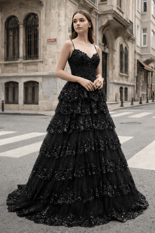 A Line Spaghetti Straps Tiered Lace Prom Dress - KissProm