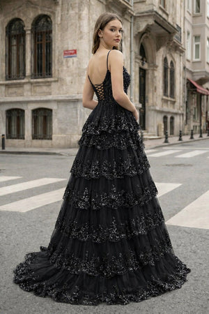 A Line Spaghetti Straps Tiered Lace Prom Dress - KissProm