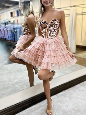 Sparkly Champagne Sweetheart A-Line Tulle Tiered Homecoming Dress – Homecoming Dresses by KissProm | Available at KissProm