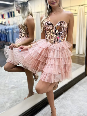 Sparkly Champagne Sweetheart A-Line Tulle Tiered Homecoming Dress – Homecoming Dresses by KissProm | Available at KissProm