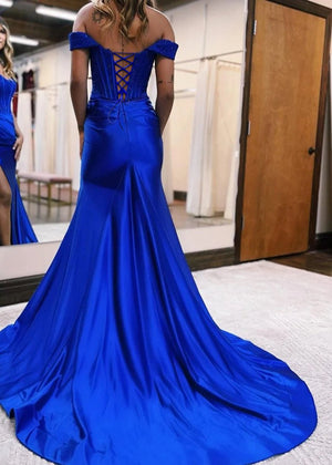 Mermaid Off the Shoulder Satin Prom Dress with Slit – Prom Dress by KissProm | Available at KissProm