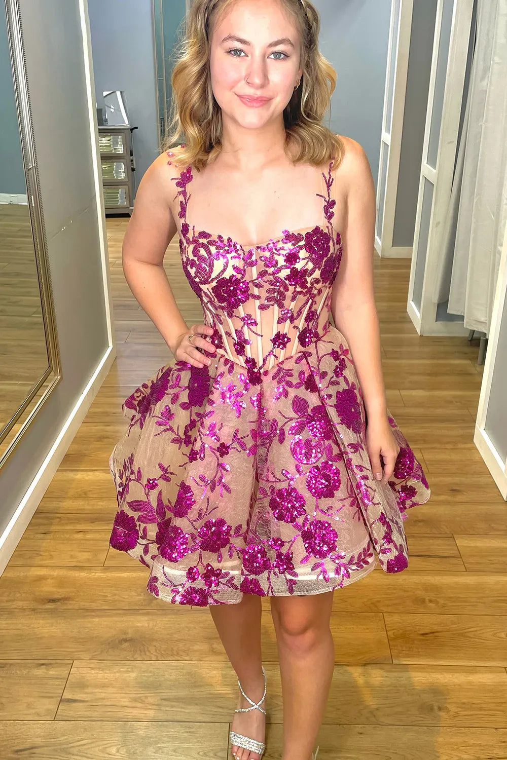 Tuci | Sparkly Fuchsia Spaghetti Straps A-Line Sequins Short Corset Homecoming Dress