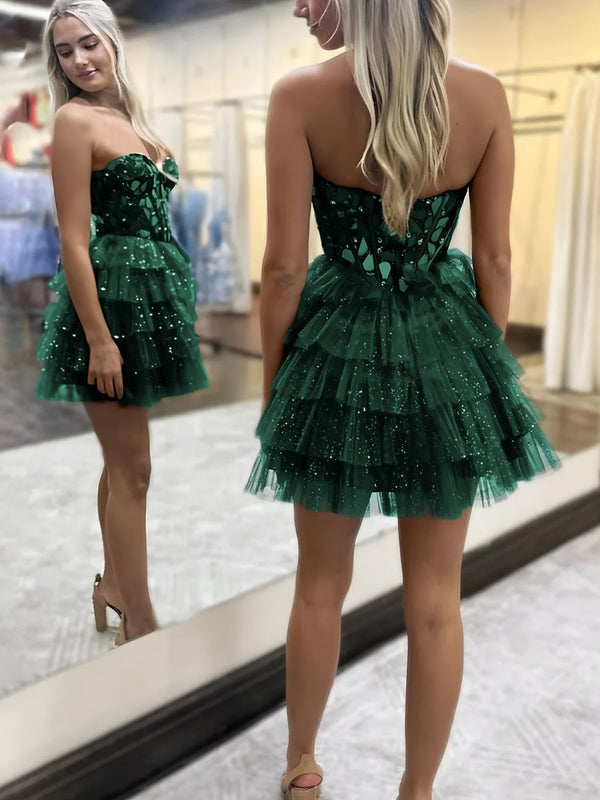 Sparkly Champagne Sweetheart A-Line Tulle Tiered Homecoming Dress – Homecoming Dresses by KissProm | Available at KissProm