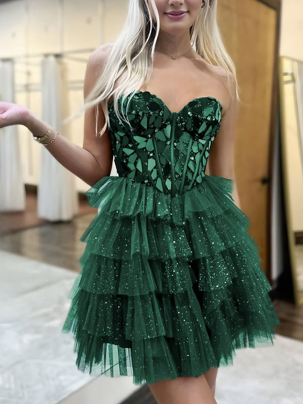 Sparkly Champagne Sweetheart A-Line Tulle Tiered Homecoming Dress – Homecoming Dresses by KissProm | Available at KissProm