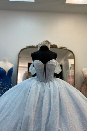 Woodly | Light Blue Off the Shoulder Tulle Princess Long Corset Quinceanera Dress with Bow