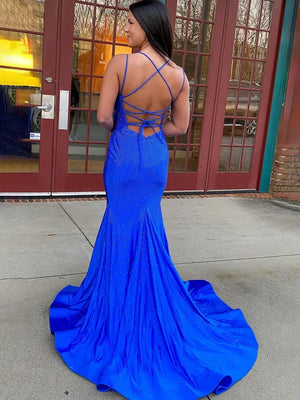 Sparkly Mermaid Spaghetti Straps Beaded Satin Long Prom Dress – Prom Dress by KissProm | Available at KissProm