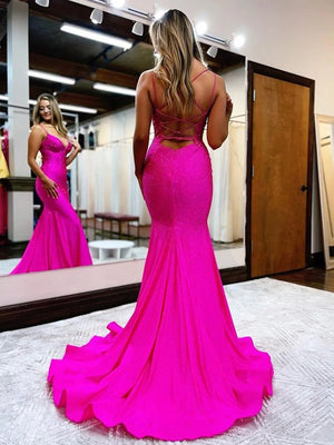 Sparkly Mermaid Spaghetti Straps Beaded Satin Long Prom Dress – Prom Dress by KissProm | Available at KissProm