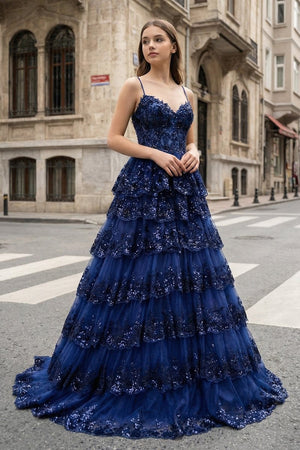 A Line Spaghetti Straps Tiered Lace Prom Dress - KissProm