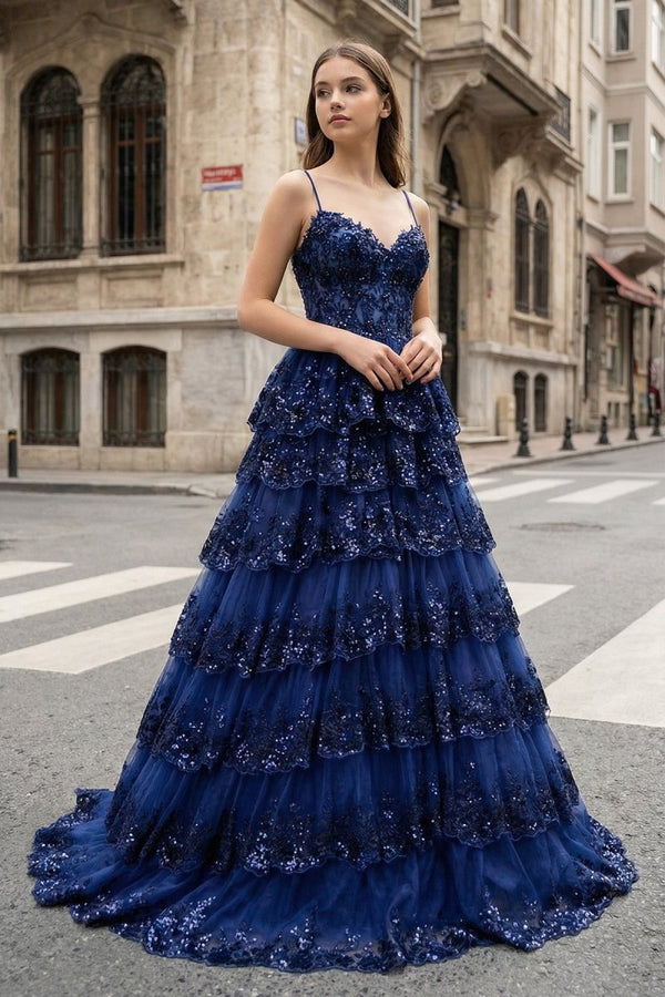 A Line Spaghetti Straps Tiered Lace Prom Dress - KissProm