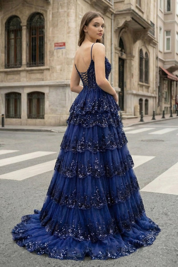 A Line Spaghetti Straps Tiered Lace Prom Dress - KissProm