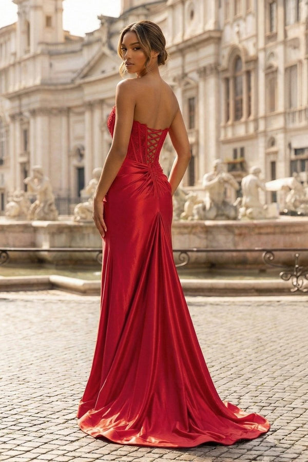 Sheath Strapless Corset Satin Prom Dress with Slit - KissProm