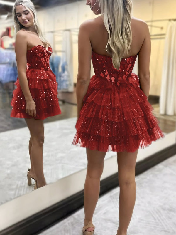 Sparkly Champagne Sweetheart A-Line Tulle Tiered Homecoming Dress – Homecoming Dresses by KissProm | Available at KissProm