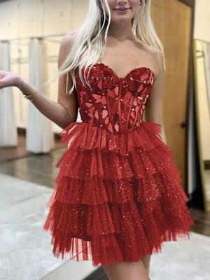 Sparkly Champagne Sweetheart A-Line Tulle Tiered Homecoming Dress – Homecoming Dresses by KissProm | Available at KissProm