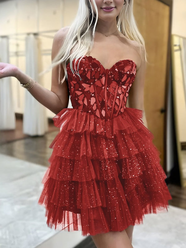 Sparkly Champagne Sweetheart A-Line Tulle Tiered Homecoming Dress – Homecoming Dresses by KissProm | Available at KissProm