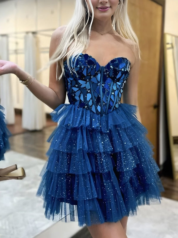 Sparkly Champagne Sweetheart A-Line Tulle Tiered Homecoming Dress – Homecoming Dresses by KissProm | Available at KissProm