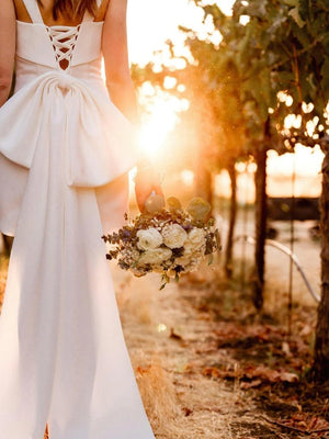 Yvaine | Square Neck White Satin Short Wedding Dress with Bow Back and Veil - KissProm