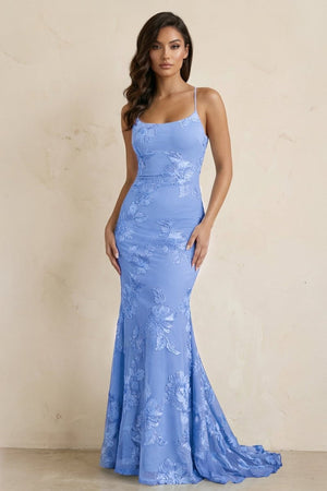 Sky Blue Spaghetti Straps Mermaid Tulle Long Prom Dresses With Appliques – Prom Dress by KissProm | Available at KissProm
