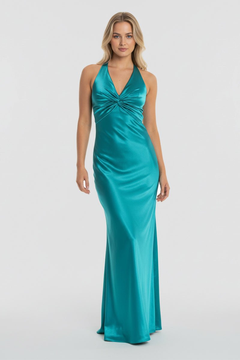 Turquoise - Halter V-Neck Pleated Satin Sleeveless Long Prom Party Dress – Prom Dresses by KissProm | Available at KissProm