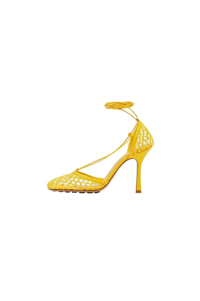 Yellow Stiletto Heel Lace Up Fishnet High Heel Sandals - KissProm