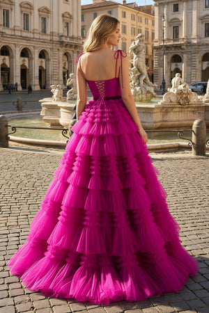 A Line Strapless Fuchsia Tiered Long Tulle Prom Dress - KissProm