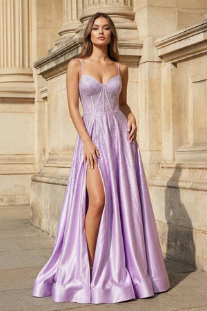 Spaghetti Straps Lilac Corset A - Line Prom Dress with Rhinestones - KissProm