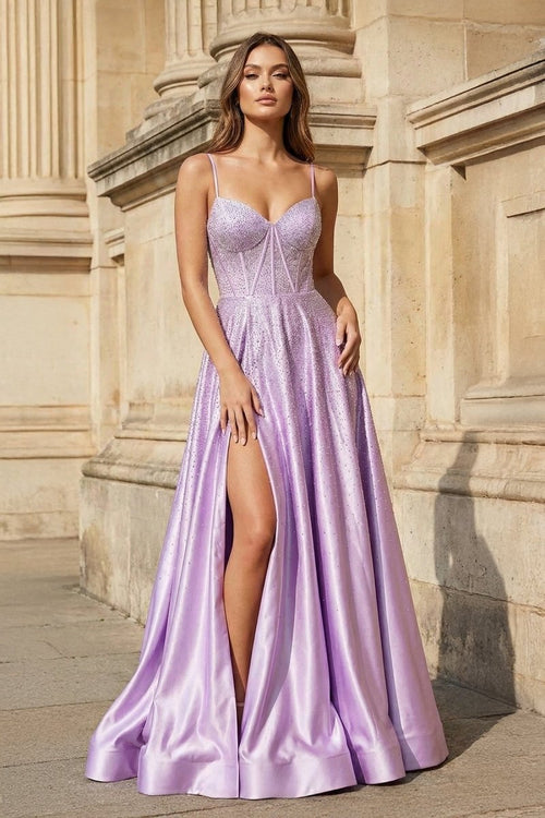 Spaghetti Straps Lilac Corset A - Line Prom Dress with Rhinestones - KissProm