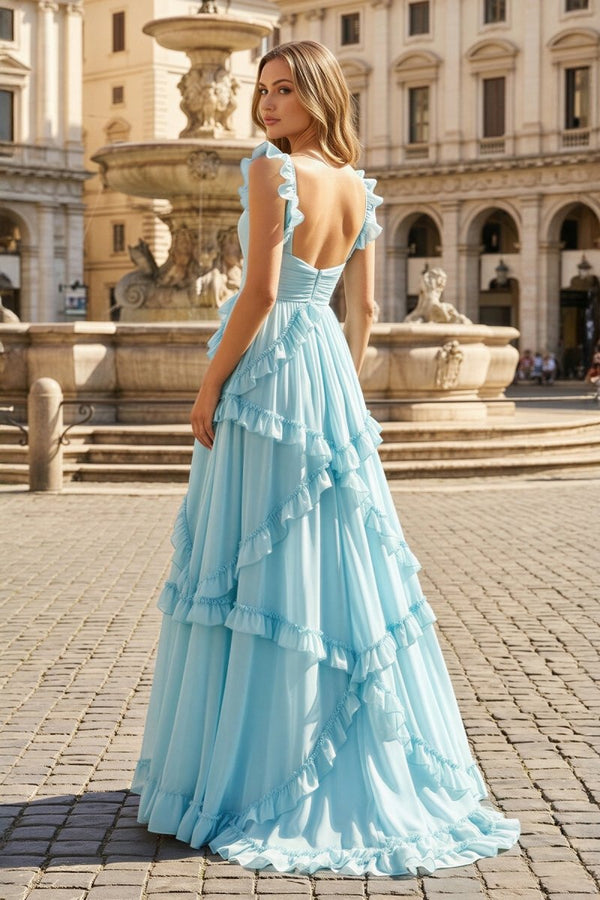 A-Line Straps Sky Blue Chiffon Ruffles Long Prom Dress – Prom Dresses by KissProm | Available at KissProm