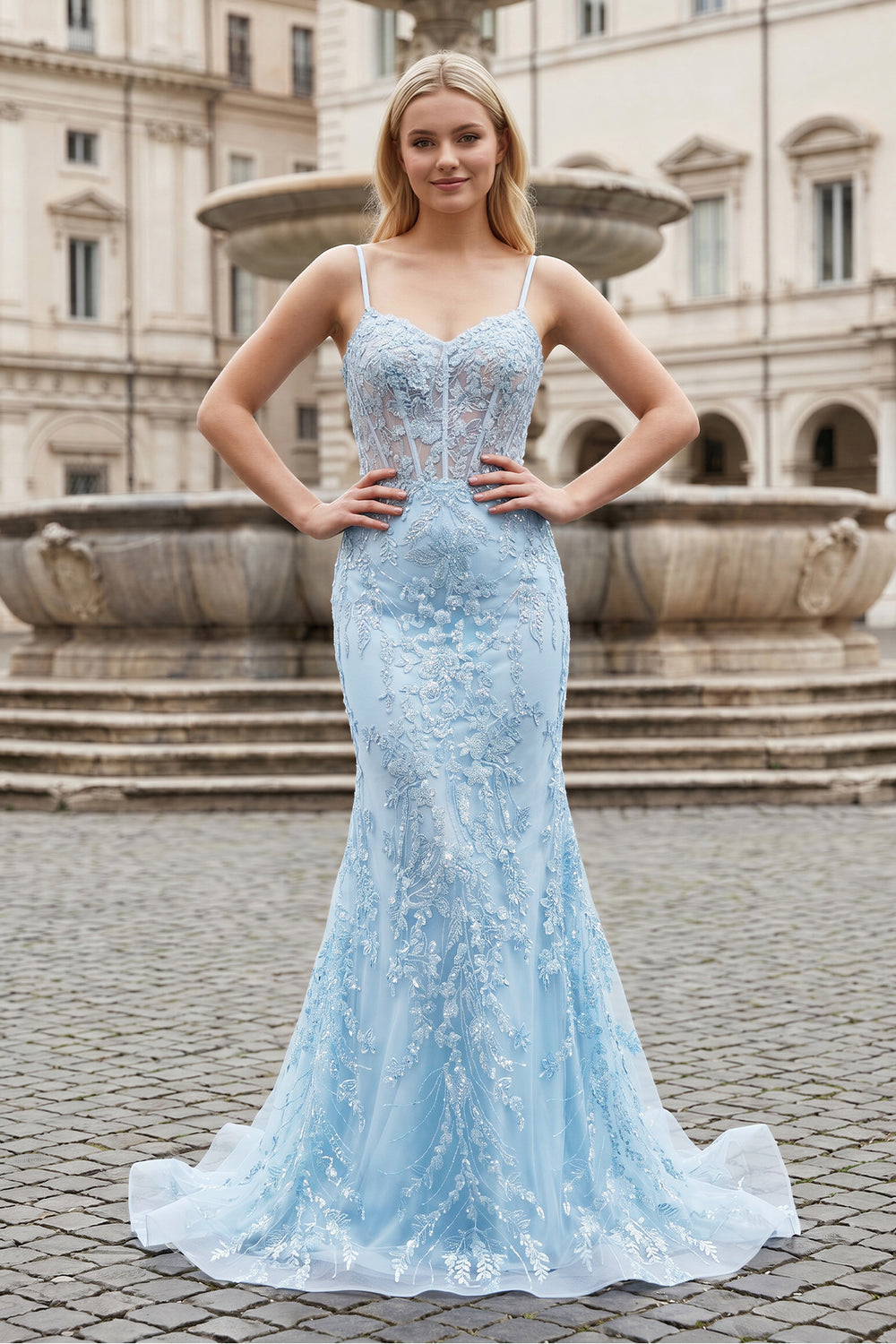 Margaret | Straps Light Blue V-Neck Sequin Appliques Mermaid Prom 
