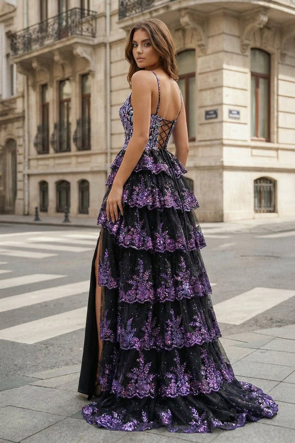 Straps Fuchsia Sequin Layered Formal Dress with Slit - KissProm