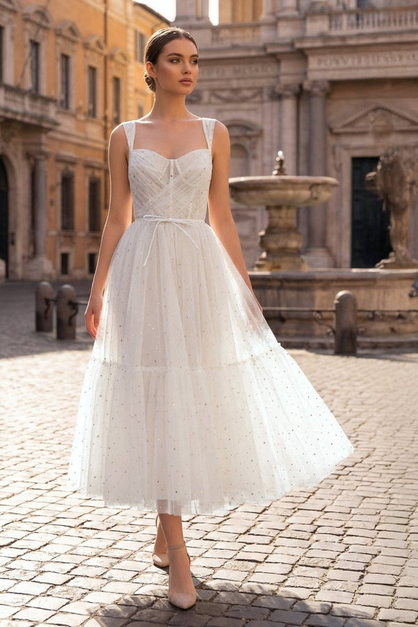 Straps Short Tulle White Homecoming Dress - KissProm