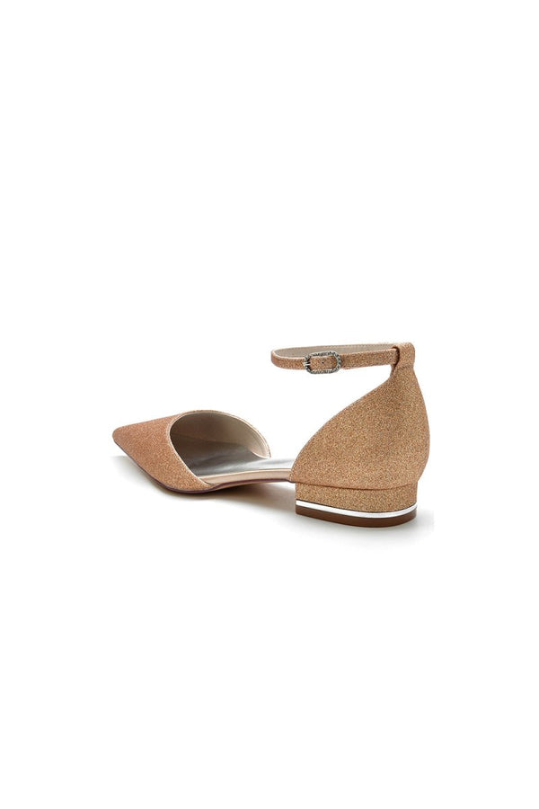 Stretch Glitter With Ankle Strap Pointed Toe Flat Heel Party Shoes - KissProm