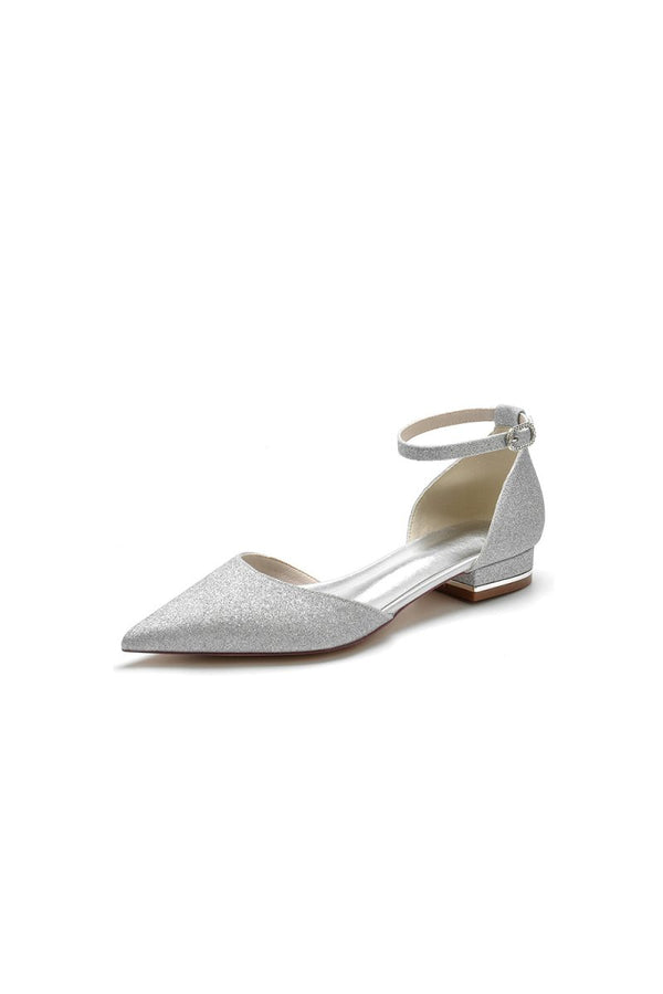 Stretch Glitter With Ankle Strap Pointed Toe Flat Heel Party Shoes - KissProm