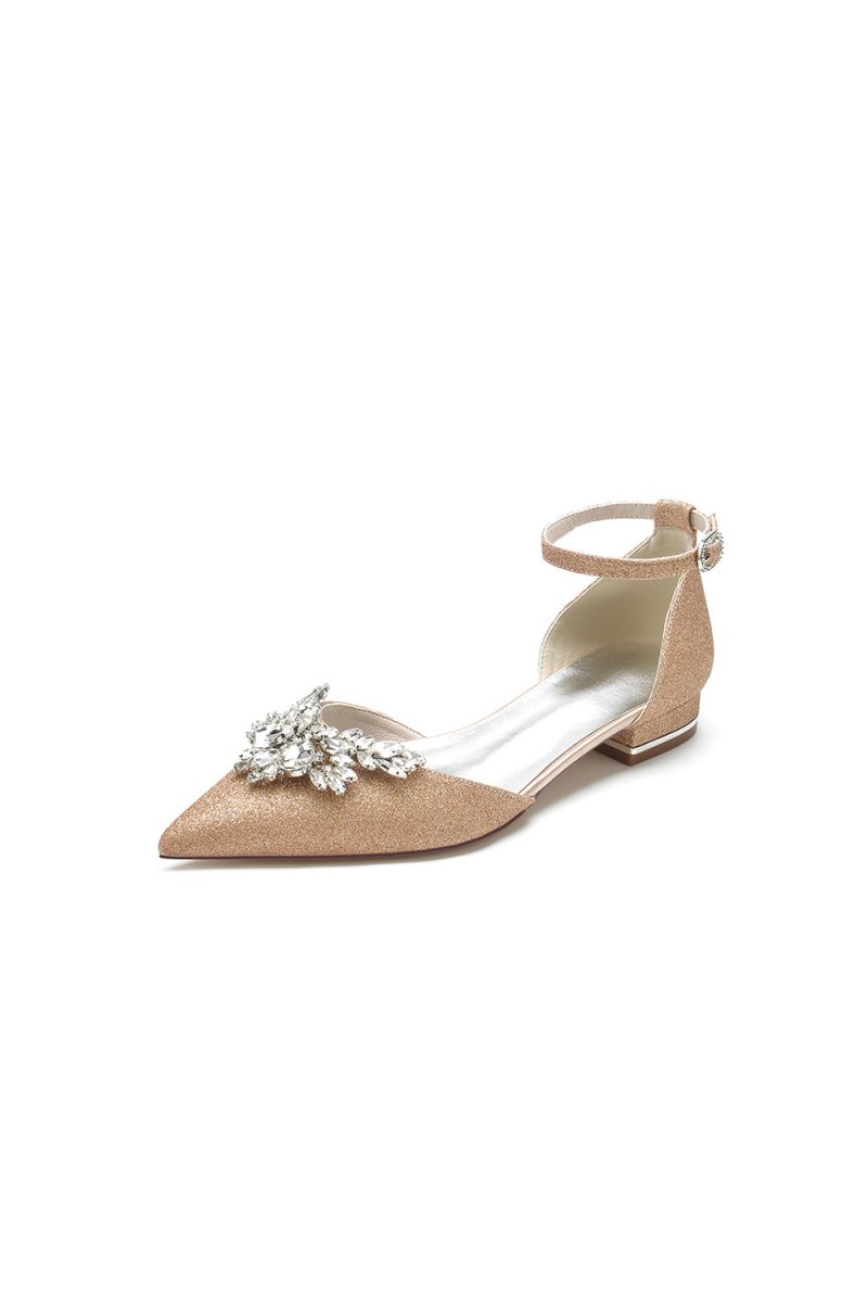 Stretch Glitter With Ankle Strap Rhinestone Pointed Toe Flat Heel Party Shoes - KissProm